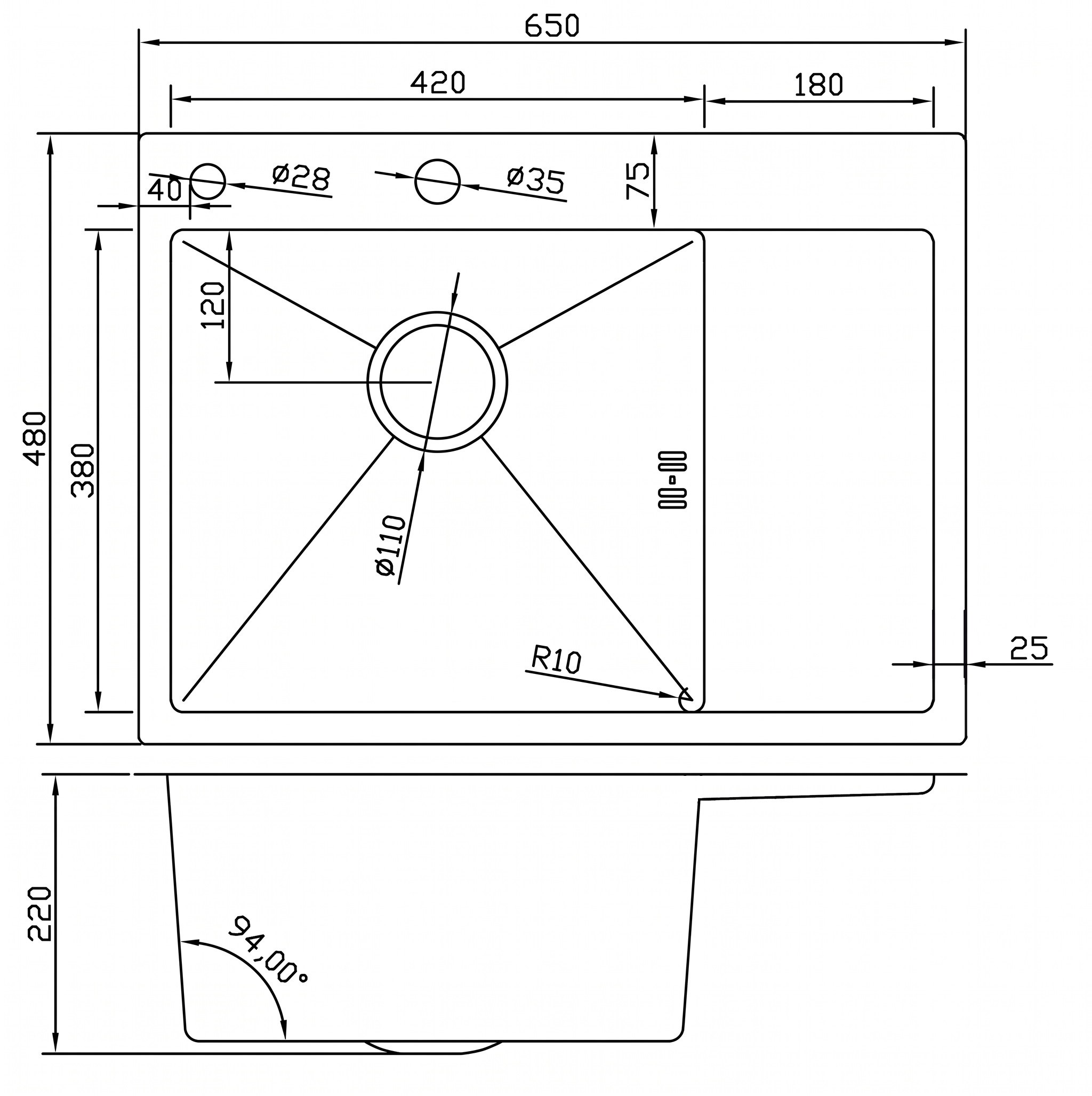 Мойка врезная AMALET Standart 6548/L Satin, 650x480, нержавеющая